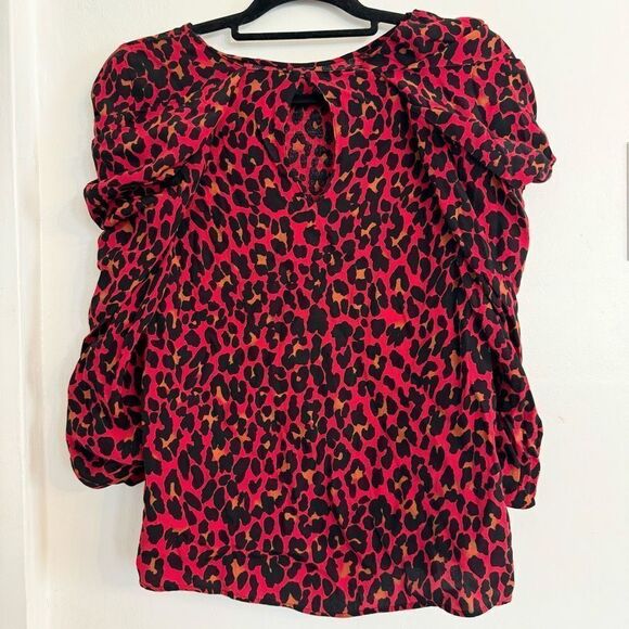 Zara Leopard Print Puffy Sleeve Red & Black Blouse XS - Picture 4 of 7